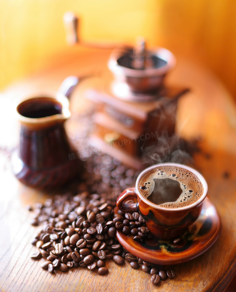 热气腾腾的咖啡与咖啡机高清摄影图片