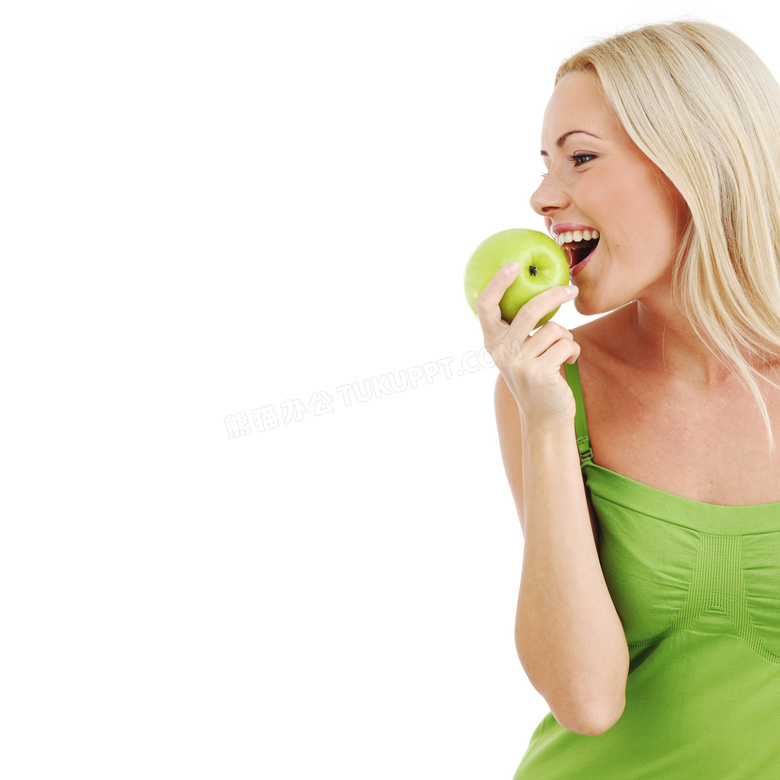 啃苹果的美女人物侧面摄影高清图片