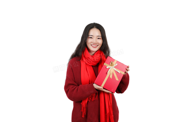 手拿红色新年礼盒女性人像
