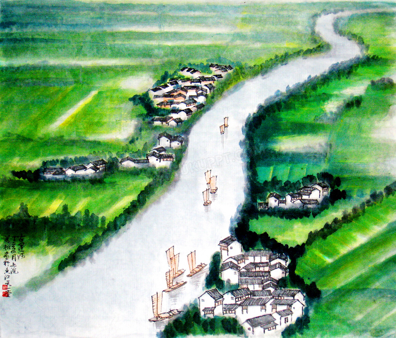 水乡人家中国风绘画图片