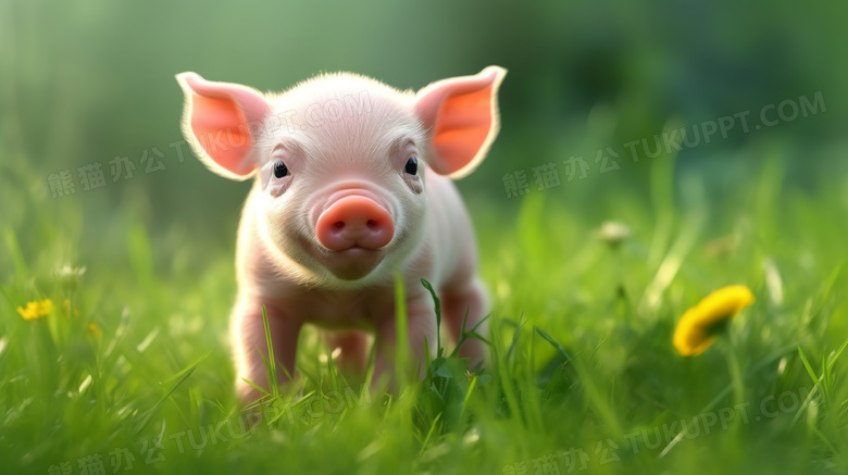草地上可爱的小猪摄影图