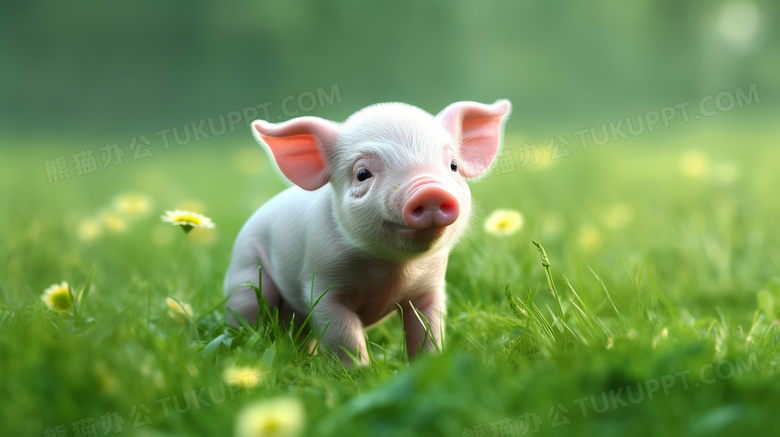草地上可爱的小猪摄影图