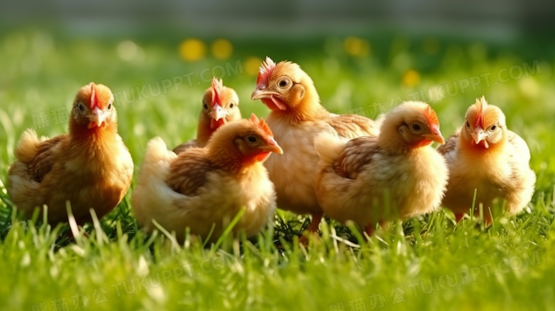 农村草地上的一群小鸡
