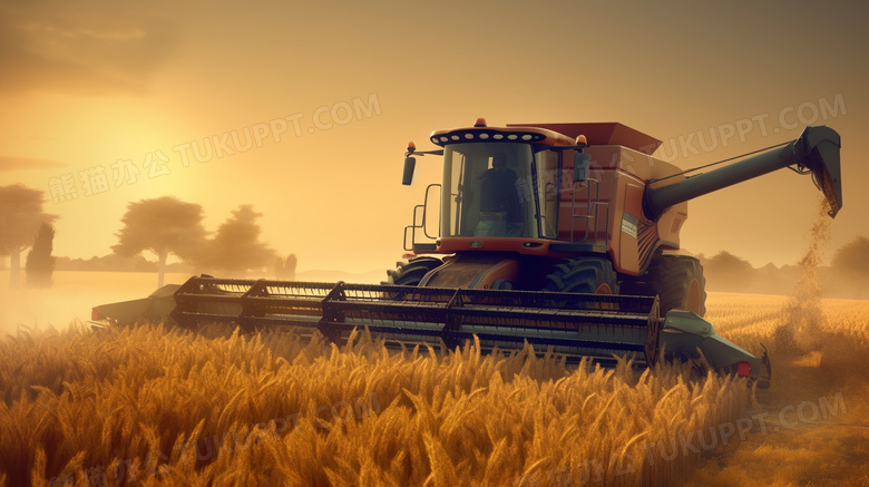 现代化农业小麦收割机作业中摄影图