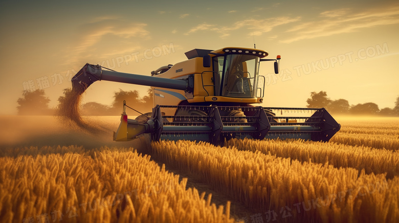 现代化农业小麦收割机作业中摄影图