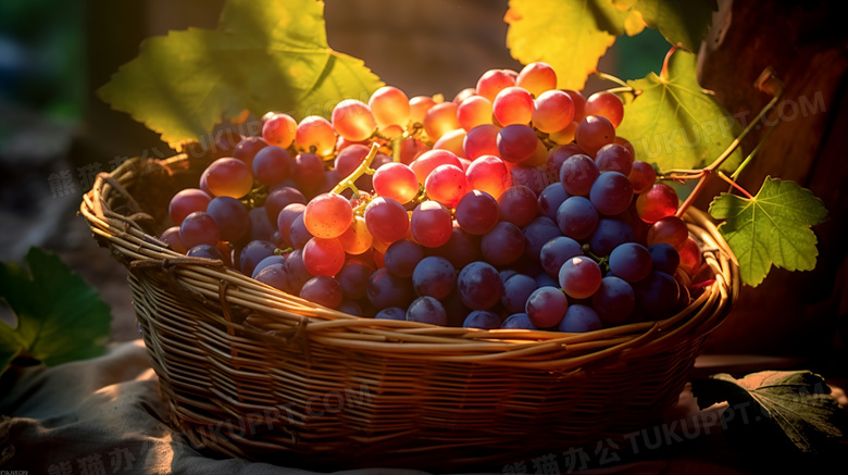 阳光透过果园篮子上的葡萄