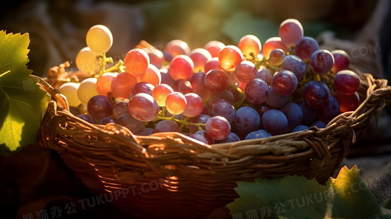 阳光透过果园篮子上的葡萄
