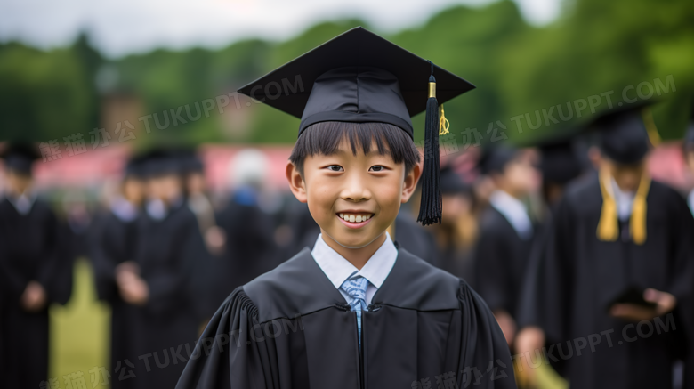 带学士帽毕业的小学生摄影图