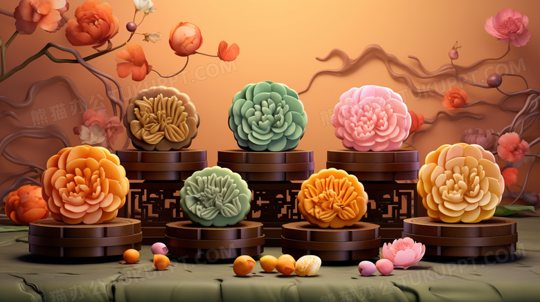 彩色中国传统古典中秋节月饼美食