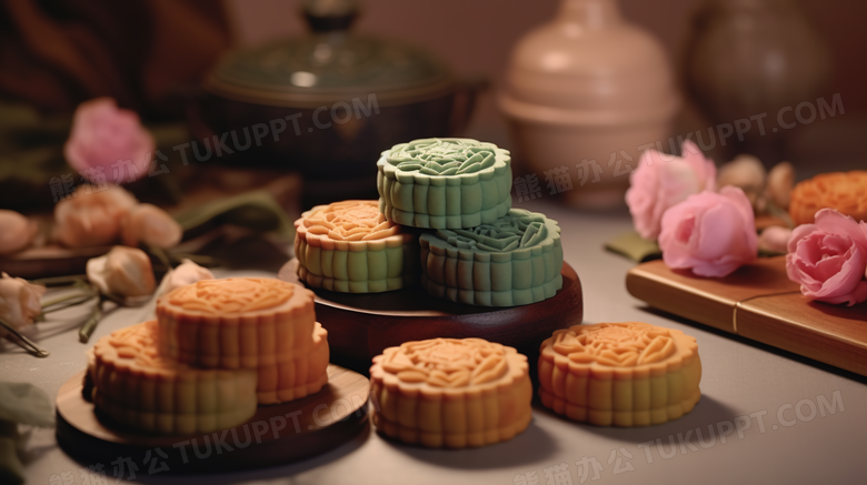 彩色中国传统古典中秋节月饼美食