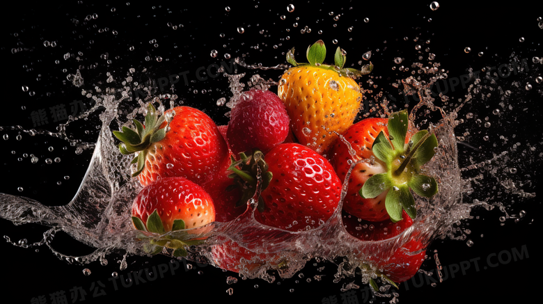 水珠飞溅草莓特写摄影图