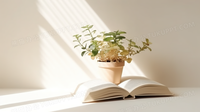 暖阳下的绿植和书籍摄影