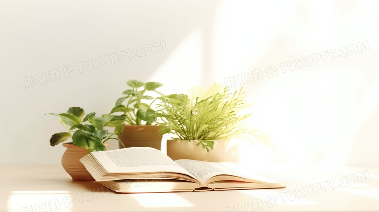 暖阳下的绿植和书籍摄影