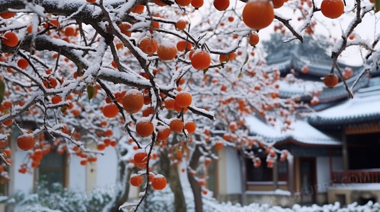 被雪覆盖的柿子树长满了橙红色柿子