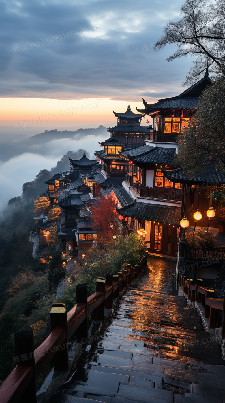 山顶上的中国古镇烟雾环绕宛如仙境