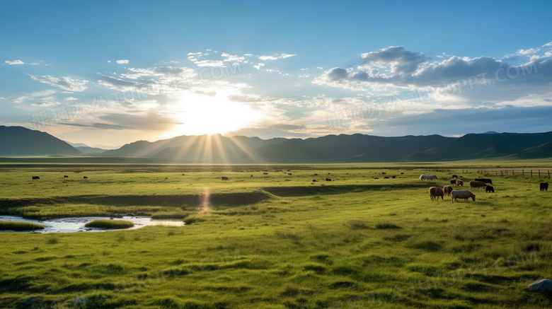 蒙古大草原牧场日落风光