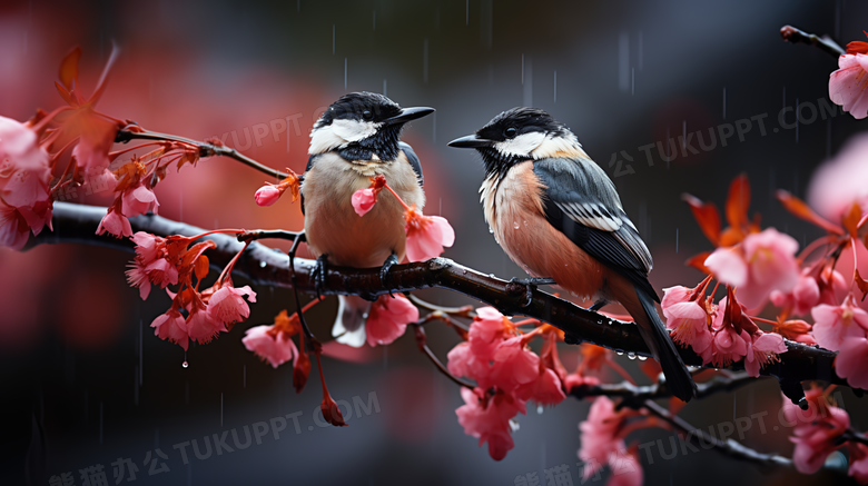 下雨天美丽的海棠树上的喜鹊摄影图