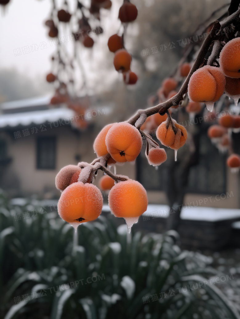 唯美黄色枝头柿子霜降节气摄影图