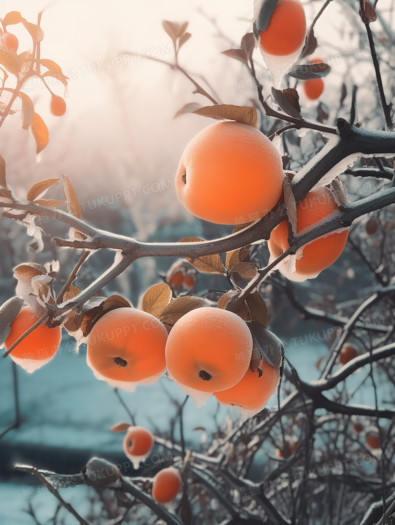 唯美黄色枝头柿子霜降节气摄影图 