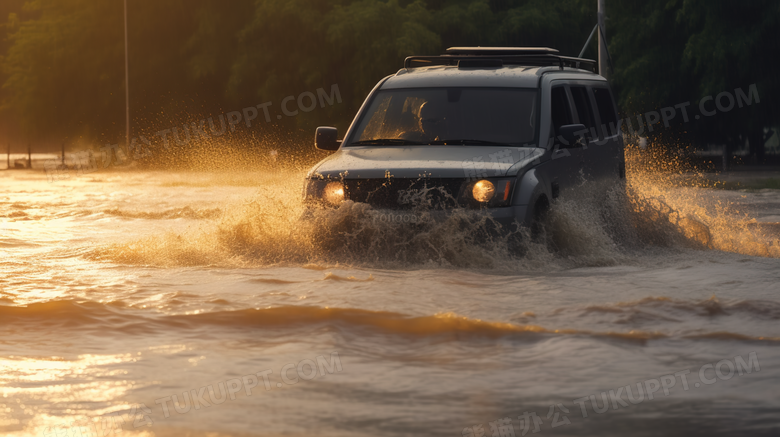 暴雨天气涉水的车辆摄影图
