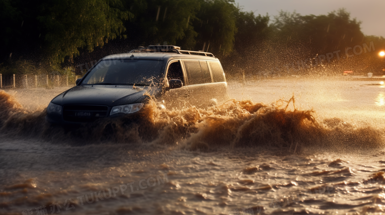 暴雨天气涉水的车辆摄影图