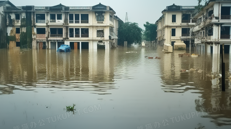 洪水淹没房屋摄影图