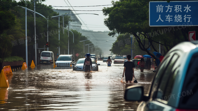 洪水淹没城市道路和房屋场景特写图片