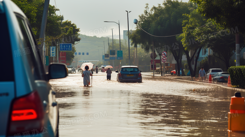 洪水淹没城市道路和房屋场景特写图片