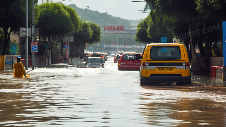 洪水淹没城市道路和房屋场景特写图片