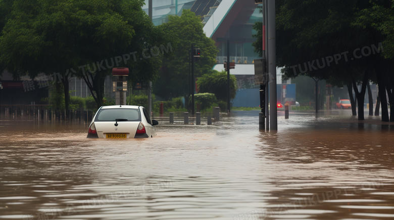 洪水淹没城市道路和房屋场景特写图片