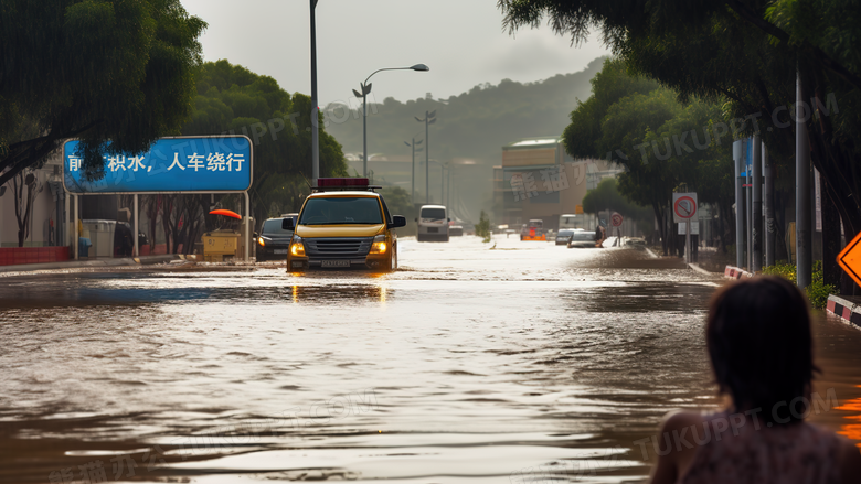 洪水淹没城市道路和房屋场景特写图片