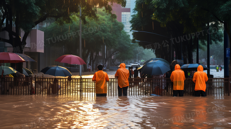 洪水淹没城市道路上抗洪救灾的人员特写图片