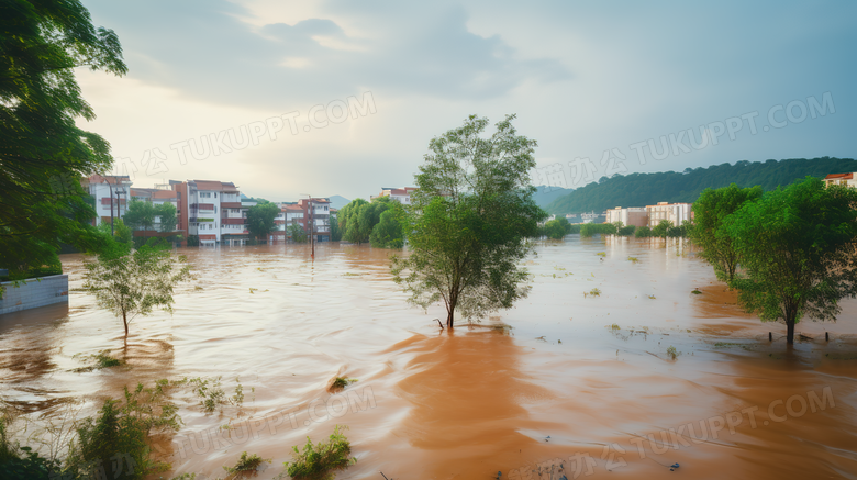洪水淹没城市道路和房屋场景特写图片