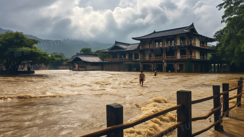 被洪水淹没的古镇景区特写场景图片