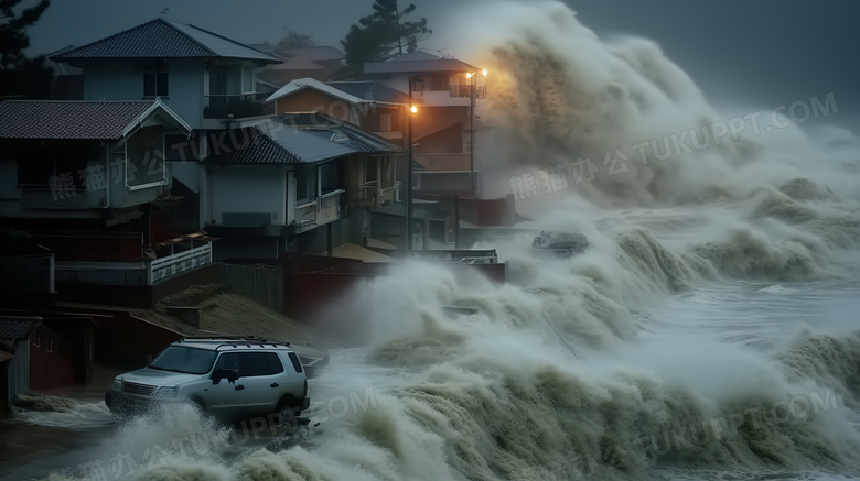 台风引发的海啸灾害场景特写图片