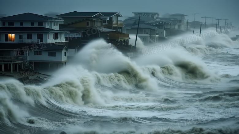 台风引发的海啸灾害场景特写图片