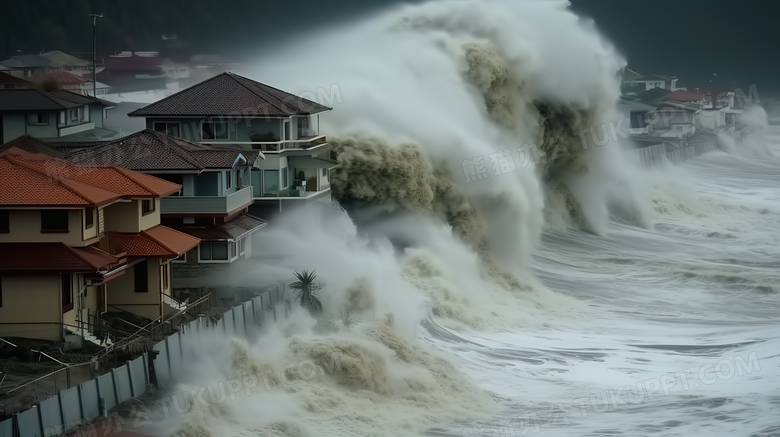 台风引发的海啸灾害场景特写图片