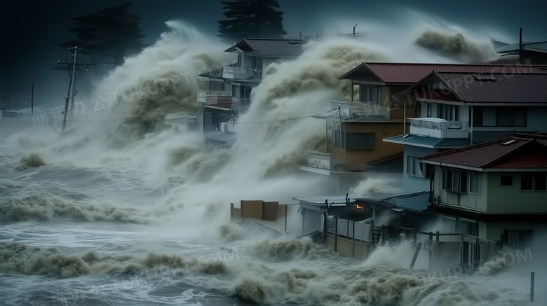 台风引发的海啸灾害场景特写图片