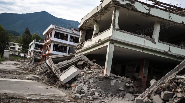 地震后倒塌的房屋遗址场景特写图片