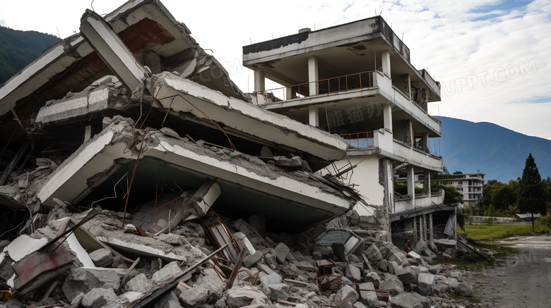 地震后倒塌的房屋遗址场景特写图片