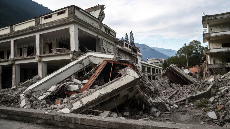 地震后倒塌的房屋遗址场景特写图片