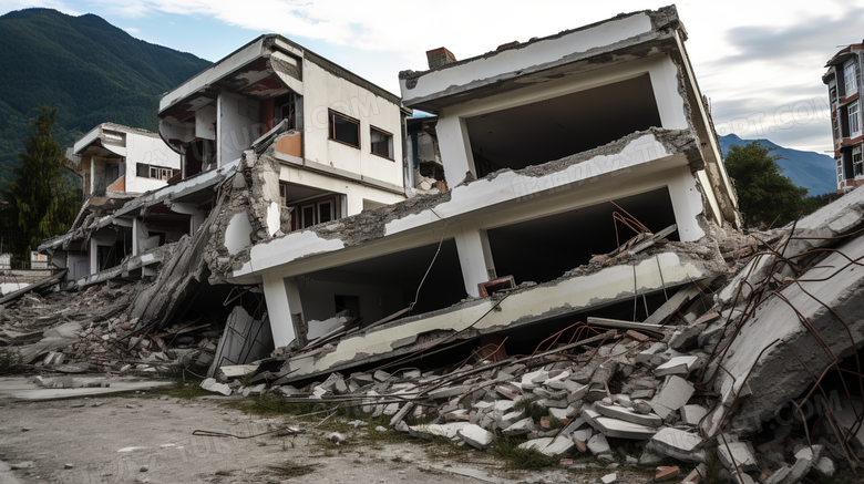 地震后倒塌的房屋遗址场景特写图片