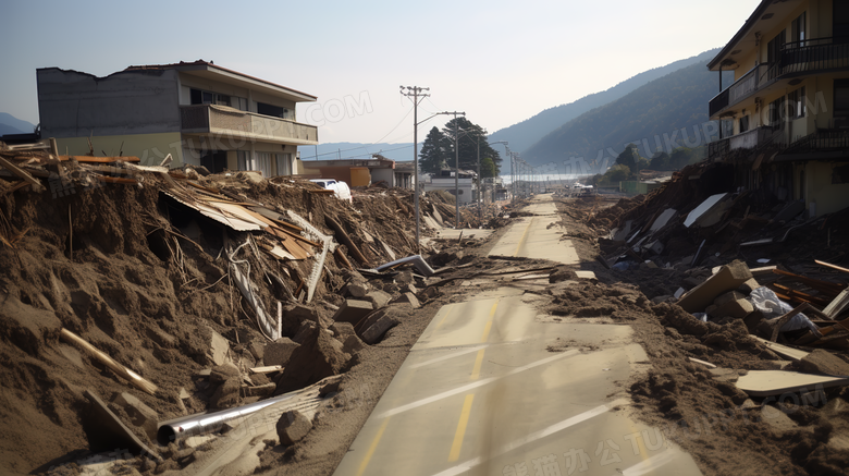 地震后倒塌的房屋遗址场景特写图片