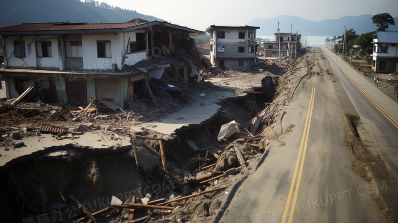 地震后倒塌的房屋遗址场景特写图片