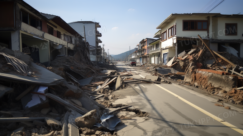 地震后倒塌的房屋遗址场景特写图片