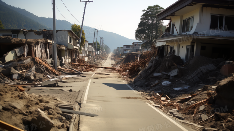 地震后倒塌的房屋遗址场景特写图片