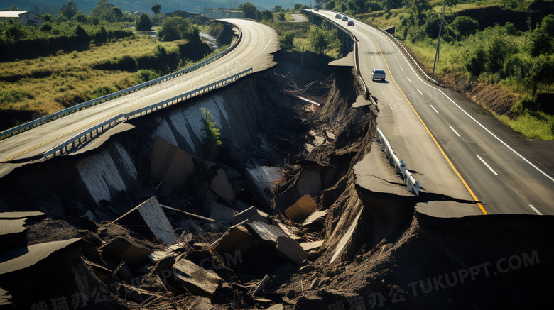地震后毁坏的道路场景特写图片