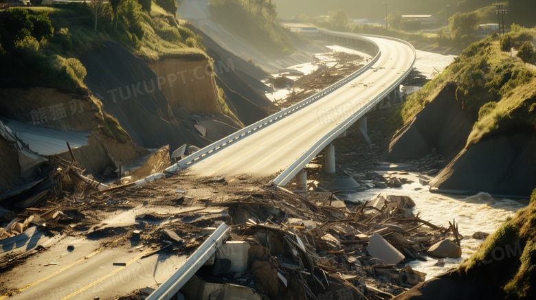 地震后毁坏的道路场景特写图片