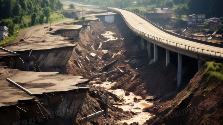 地震后毁坏的道路场景特写图片