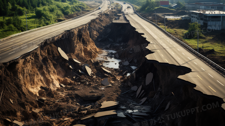 地震后毁坏的道路场景特写图片